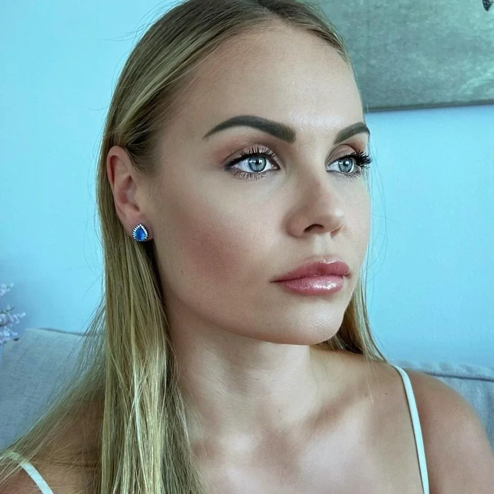 Pear bridal stud earrings with CZ and blue topaz - Sterling Silver 925 - Picture 2 of 5